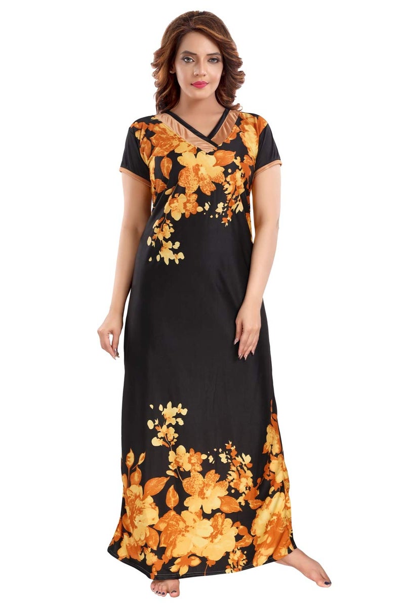 Fabme Women's Printed Satin Nighty (NW0256_Yellow) (Size-X-Large) - Image 5