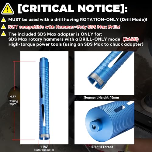 DaduoRi 1 1/4" Dry Core Drill Bit, 5/8"-11 Thread, with 3 Adapters Included: SDS Plus, SDS Max and 1/2" Hex Shank; 9.5" Drill Depth Diamond Core Bits for Concrete, Brick, Block, Stucco and Masonry - Image 2
