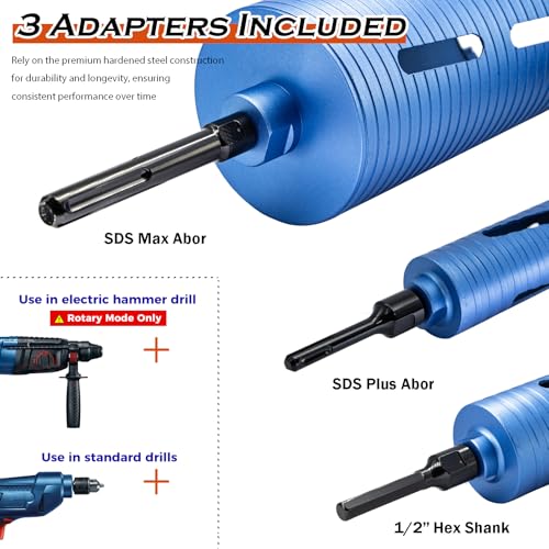DaduoRi 1 1/4" Dry Core Drill Bit, 5/8"-11 Thread, with 3 Adapters Included: SDS Plus, SDS Max and 1/2" Hex Shank; 9.5" Drill Depth Diamond Core Bits for Concrete, Brick, Block, Stucco and Masonry - Image 4