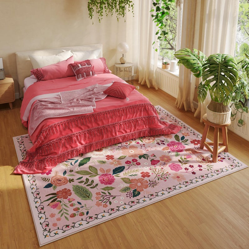 Rugcomf Living Room Rug 5x7 Rug Machine Washable Boho Area Rug Non Slip Floral Vintage Low Pile Large Rugs for Living Room, Bedroom, Farmhouse, Dining Room, Kids Playroom(Pink) - Image 5
