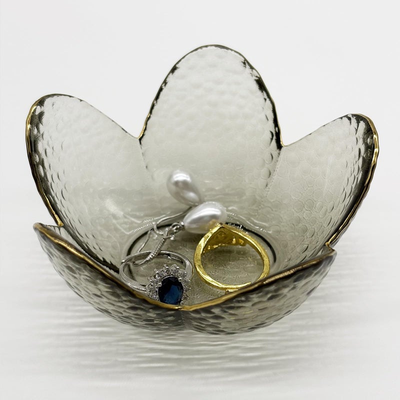 BESSKON Flower Ring Dish Jewelry Tray, Glass Jewelry Dish Tray, Cute Room Decor Small Trinket Dish, Nightstand Jewlery Ring Holder, Bathroom Jewlery Plate Bowl for Earring Gift for Women (Smoky Black) - Image 1