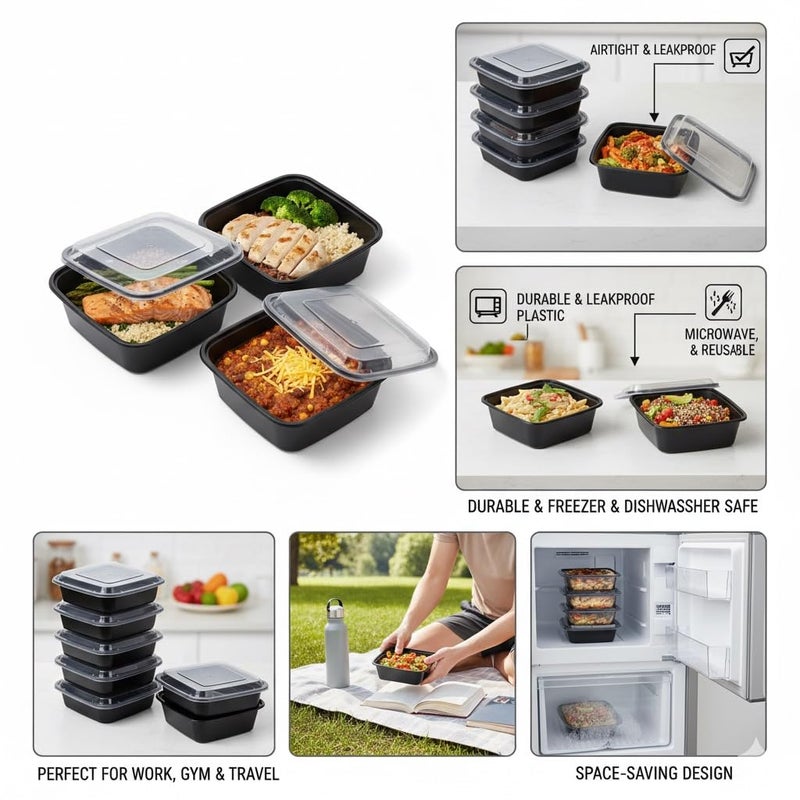 Disposable Meal Prep Containers with Lids, Leakproof Black 10 Plastic Food Storage Containers 1000 ml, Microwave Freezer Dishwasher Safe, Stackable Portion Control Lunch Boxes for Work Travel - Image 5