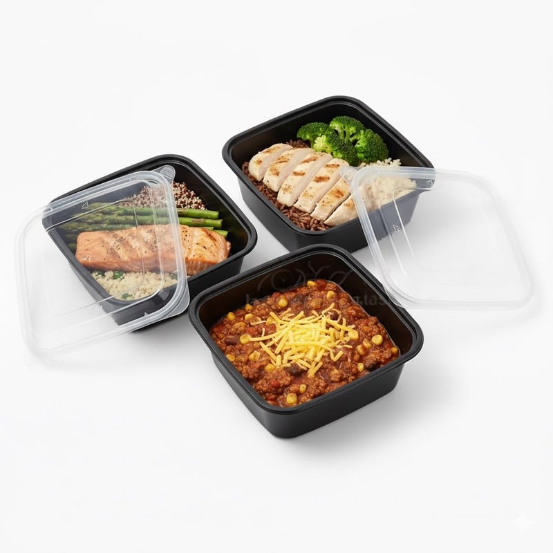 Disposable Meal Prep Containers with Lids, Leakproof Black 10 Plastic Food Storage Containers 1000 ml, Microwave Freezer Dishwasher Safe, Stackable Portion Control Lunch Boxes for Work Travel - Image 1