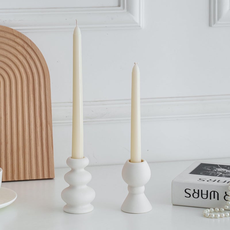 VIRFONOR Taper Ceramic Candle Holders, Set of 2 Matte Boho Decorative Candlestick Holders,Table Decor Centerpiece for Home Decor Dinning Wedding Party Aromatherapy Votive (White, Style A) - Image 1
