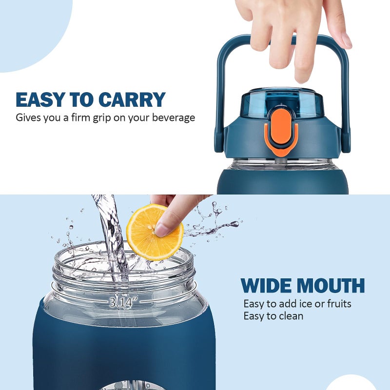 kytffu 64oz Glass Water Bottles with Straw, Half Gallon Motivational Glass Bottle with Silicone Sleeve and Time Marker, 2L Leakproof Large Glass Water Jug for Gym Home Office,Blue - Image 5