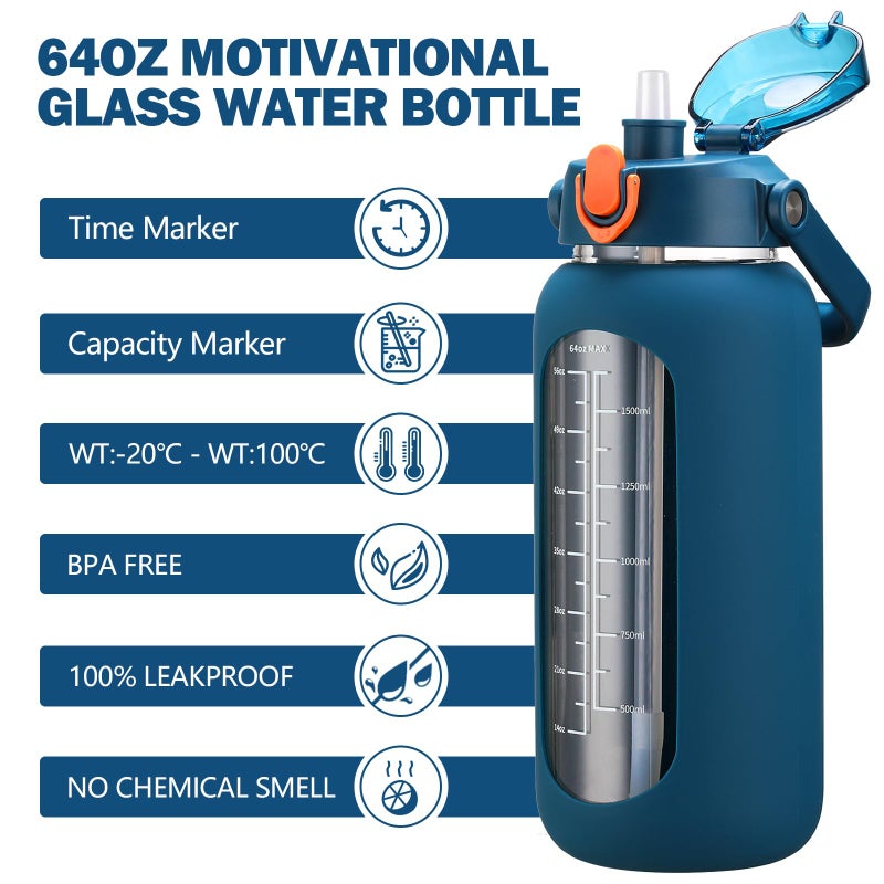 kytffu 64oz Glass Water Bottles with Straw, Half Gallon Motivational Glass Bottle with Silicone Sleeve and Time Marker, 2L Leakproof Large Glass Water Jug for Gym Home Office,Blue - Image 2