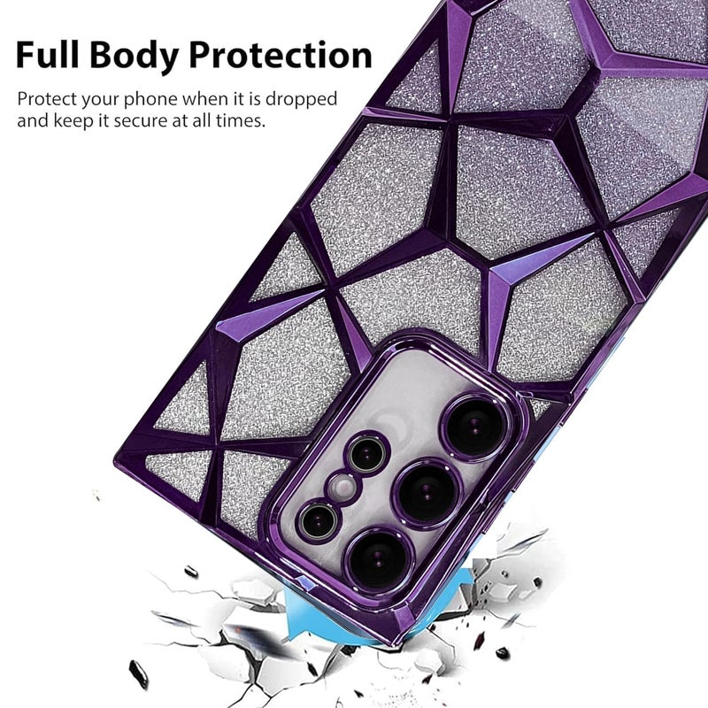 VONZEE Gradient Glitter Case for Samsung S24 Ultra, Luxury Electroplated 3D Cube, Diamond Bling Shiny Soft TPU Clear Shockproof Case Women Girls Protective Phone Cover (Deep Purple) - Image 3
