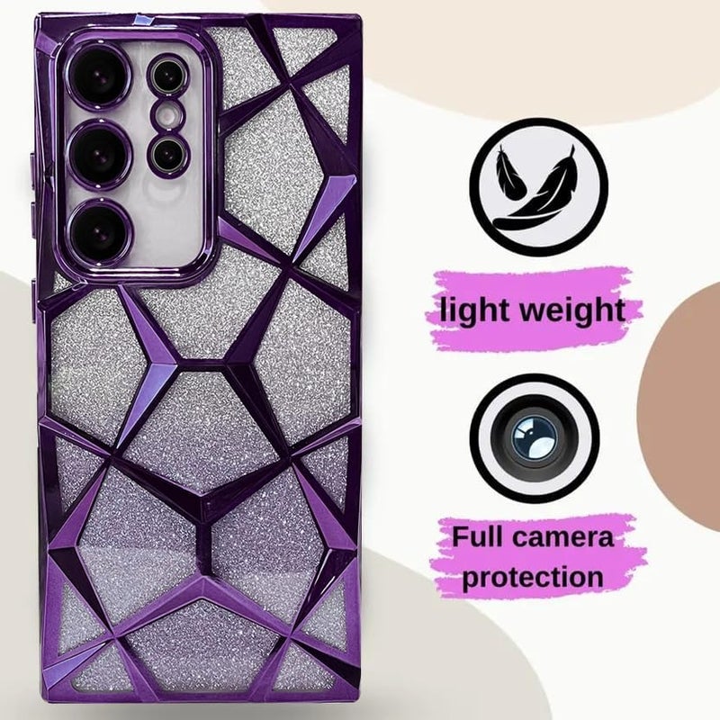 VONZEE Gradient Glitter Case for Samsung S24 Ultra, Luxury Electroplated 3D Cube, Diamond Bling Shiny Soft TPU Clear Shockproof Case Women Girls Protective Phone Cover (Deep Purple) - Image 2