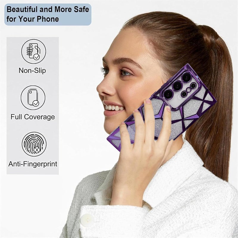 VONZEE Gradient Glitter Case for Samsung S24 Ultra, Luxury Electroplated 3D Cube, Diamond Bling Shiny Soft TPU Clear Shockproof Case Women Girls Protective Phone Cover (Deep Purple) - Image 5