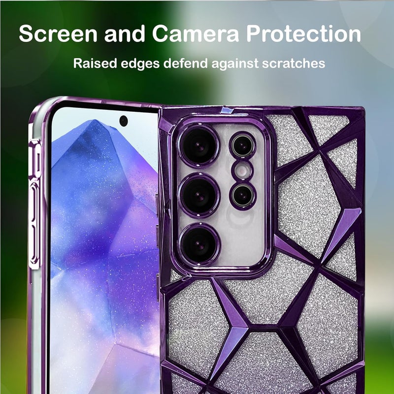 VONZEE Gradient Glitter Case for Samsung S24 Ultra, Luxury Electroplated 3D Cube, Diamond Bling Shiny Soft TPU Clear Shockproof Case Women Girls Protective Phone Cover (Deep Purple) - Image 4