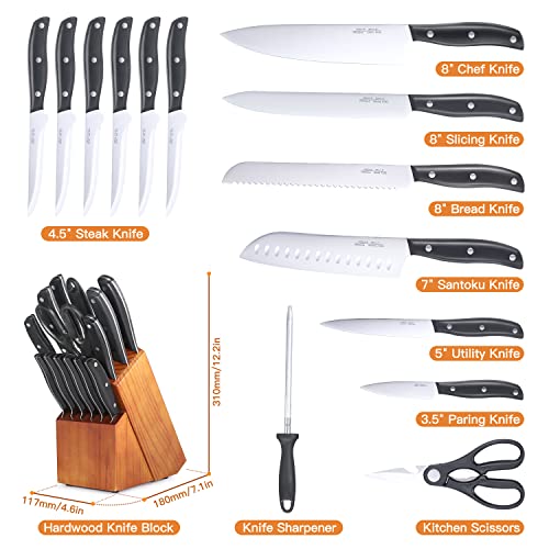 Aoresac Knife Set, 15 Pcs Knife Sets for Kitchen with Block, Germany High Carbon Stainless Steel Knife Block Set with Sharpener and 6 Serrated Steak Knives, Professional Chef Knife Set for Kitchen Essentials - Image 2
