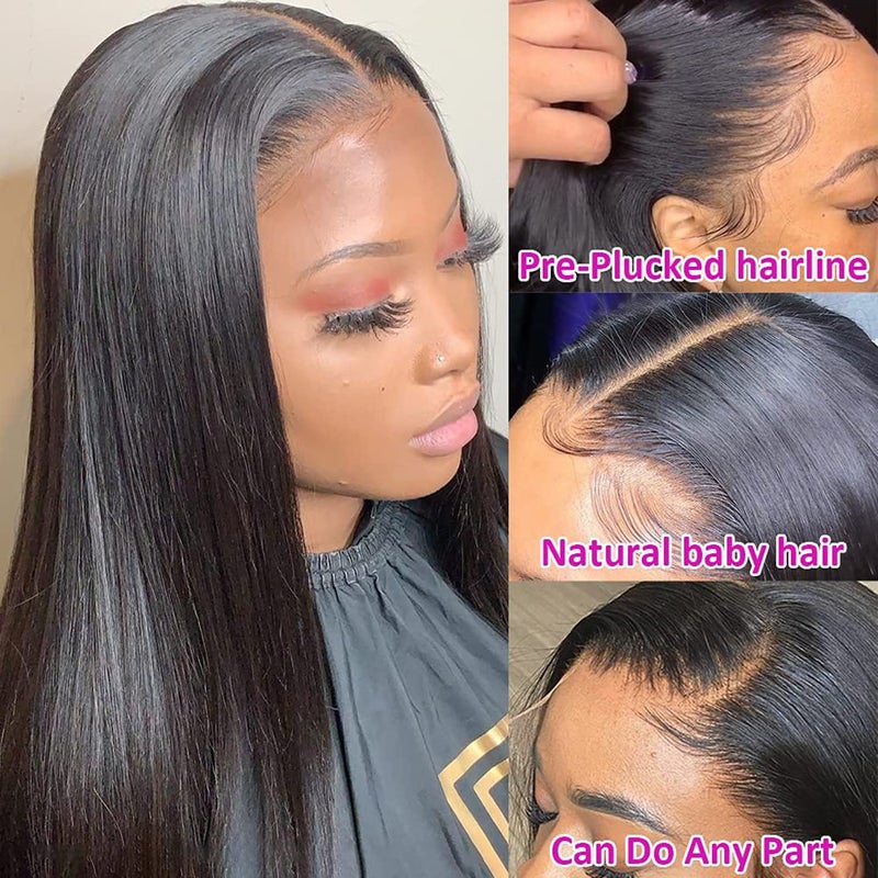 HUIDI 13x4 Straight Lace Front Wigs Human Hair 200% Density Hd Transparent 26 Inch Straight Frontal Wig for Women Glueless Straight Wigs Pre Plucked with Baby Hair Bone Straight Black Wig Brazilian Hair - Image 2