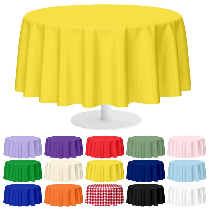 Mulbozy 12 Pack Yellow Round Tablecloth, 84 Inches Plastic Table Cover, Premium Disposable Round Party Tablecloth For Restaurant Dinners, Wedding, Grad Party, Baby Shower, Outdoor Camping - Image 1