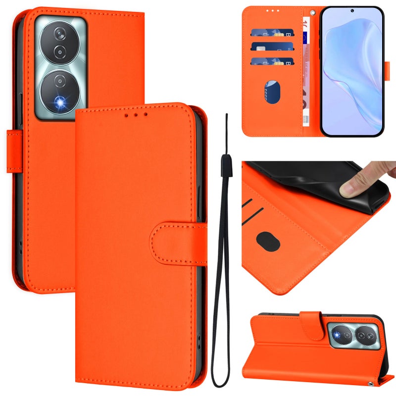 HuHa Case Cover For Honor 90 Smart / X7b 5G / 4G Skin Feel Solid Color Leather Phone Case with Lanyard(Orange) - Image 1