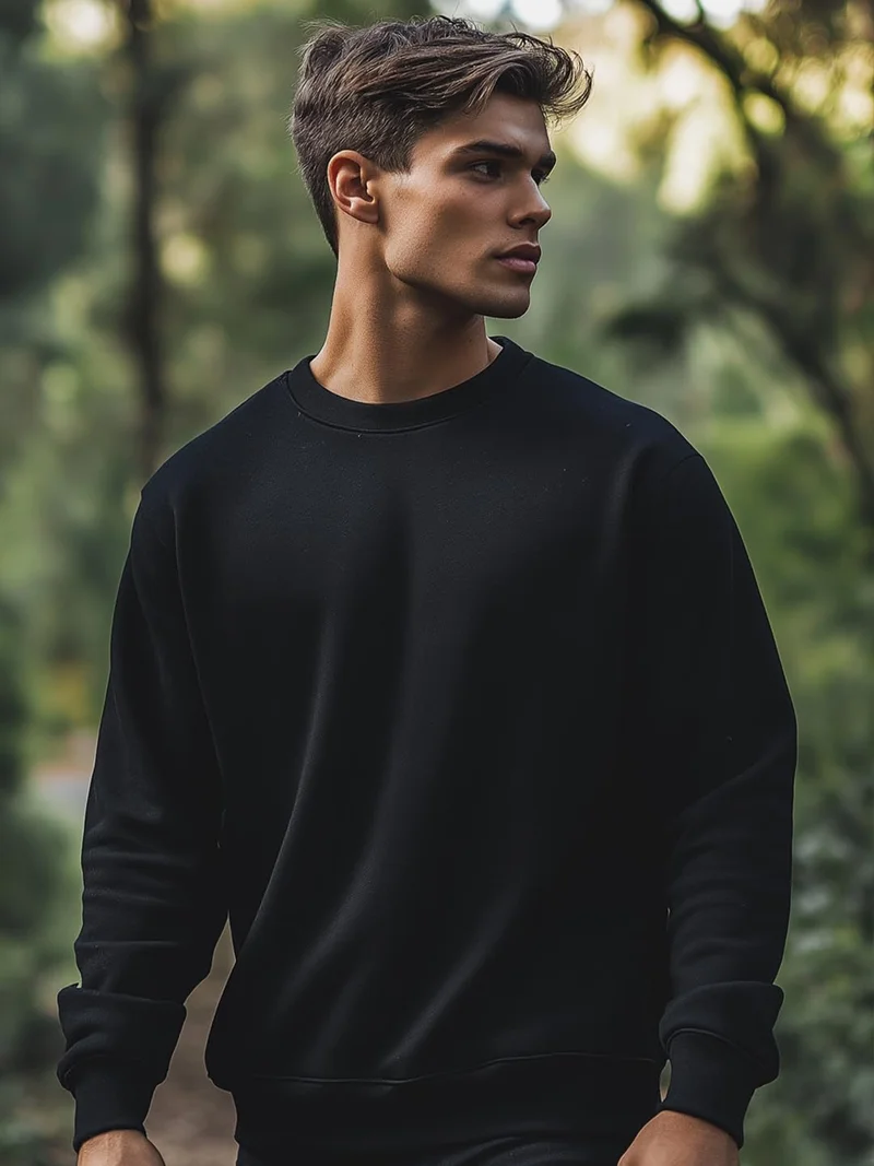 نوبيرو NOBERO Men's Black Cotton Crew Neck Sweatshirt