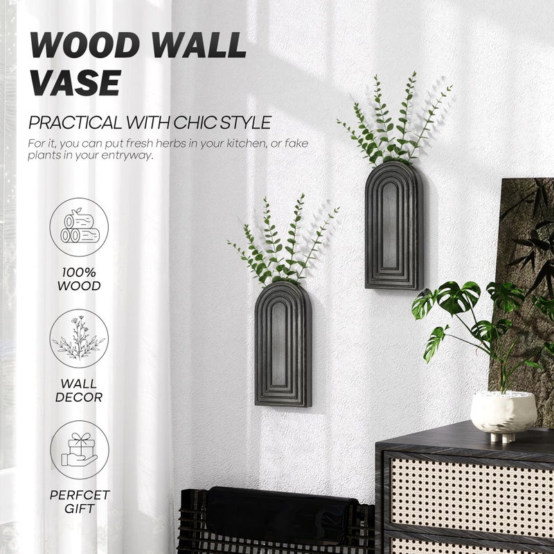 EOSAHR Pine Wood Wall Vases Set of 2 â€“ Modern Wall Decor & Hanging Planters for Indoor Plants â€“ Boho Home Decor Accent with Rustic Charm for Living Room, Kitchen & Bedroom (Black) - Image 4