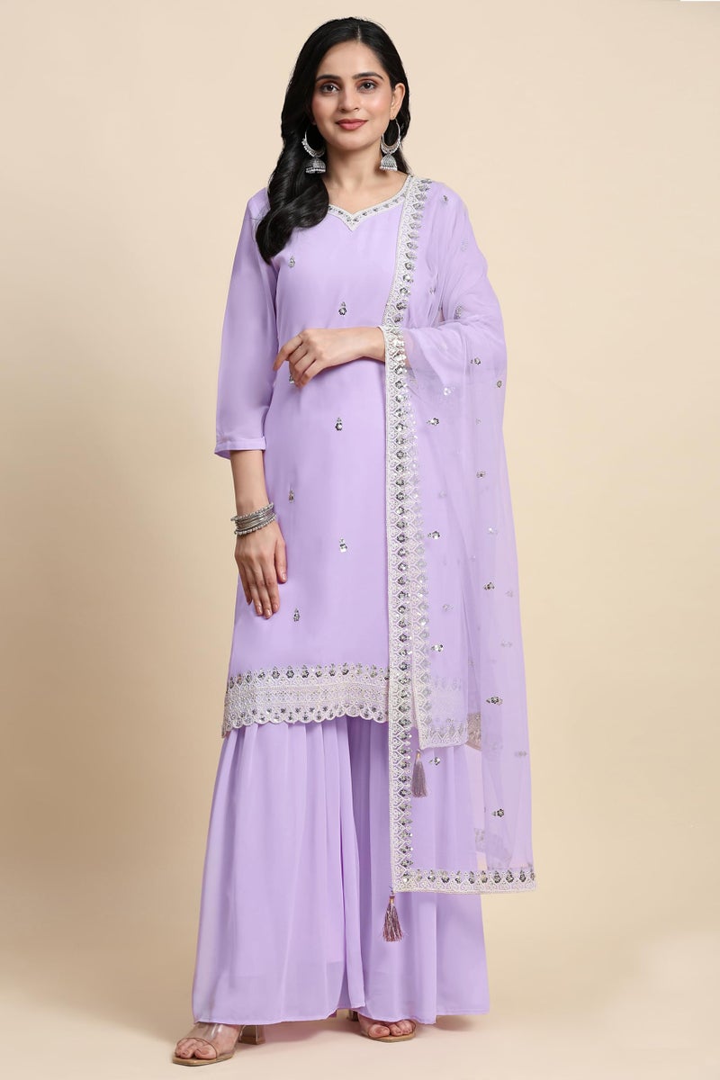 TRENDMALLS Women's Georgette Embroidery Sequins Work Kurta Sharara Set with Dupatta (G251-LightPurple-XL) - Image 3