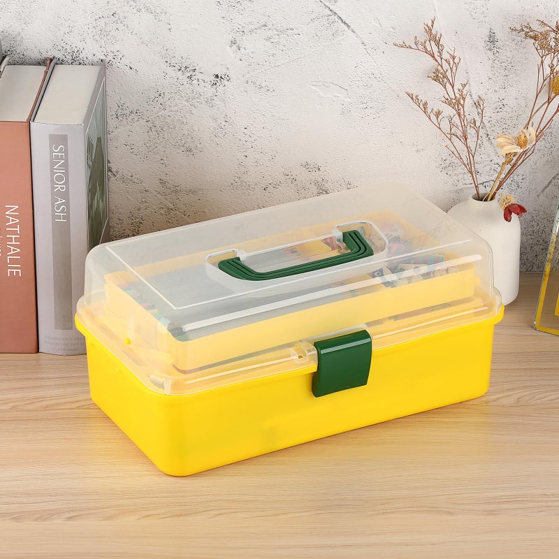 BTSKY 3-Layer Plastic Dividing Storage Box Craft Organizer with Adjustable Spacers Portable Handled Art Supply Organizer Multipurpose Home Utility Box for Sewing (Yellow+Green) - Image 3