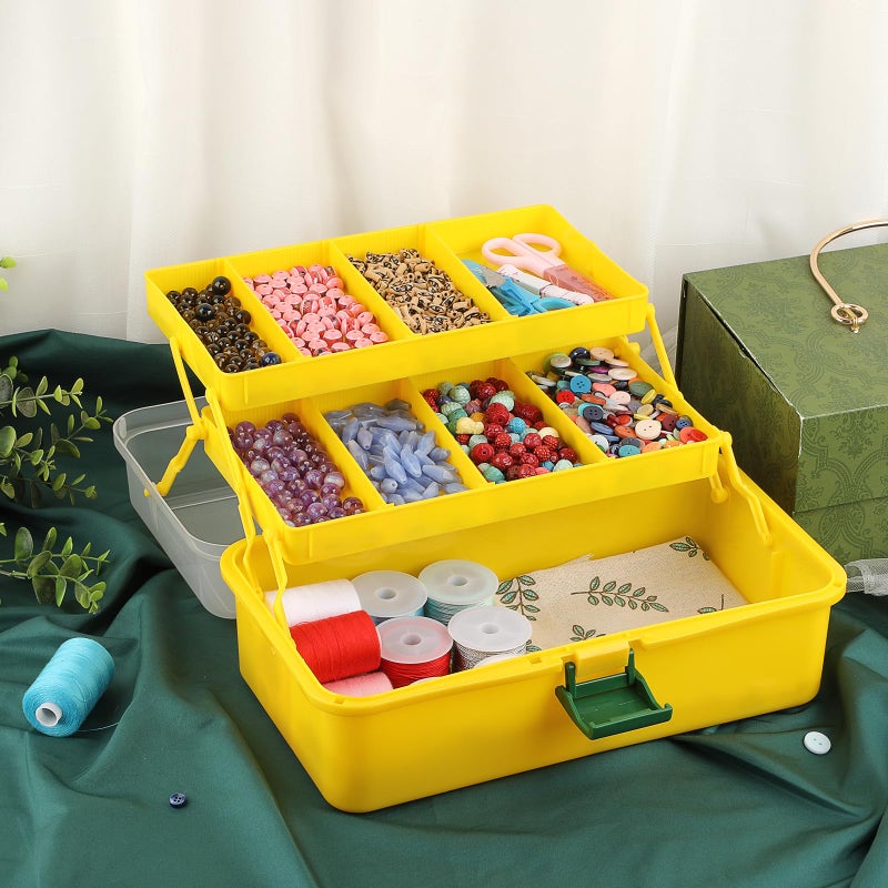 BTSKY 3-Layer Plastic Dividing Storage Box Craft Organizer with Adjustable Spacers Portable Handled Art Supply Organizer Multipurpose Home Utility Box for Sewing (Yellow+Green) - Image 5