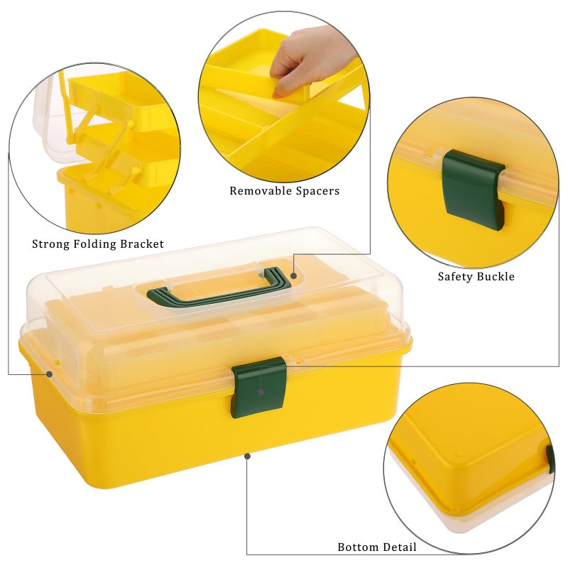 BTSKY 3-Layer Plastic Dividing Storage Box Craft Organizer with Adjustable Spacers Portable Handled Art Supply Organizer Multipurpose Home Utility Box for Sewing (Yellow+Green) - Image 4