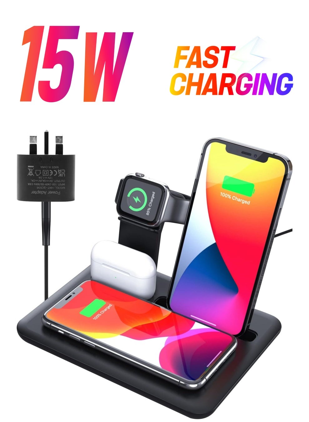 4 in 1 Wireless Charging Station- Multi-Device Wireless Charging- 15W Fast Charging Gear- Wireless Charger for iPhone- Apple Watch &Other Smartphones