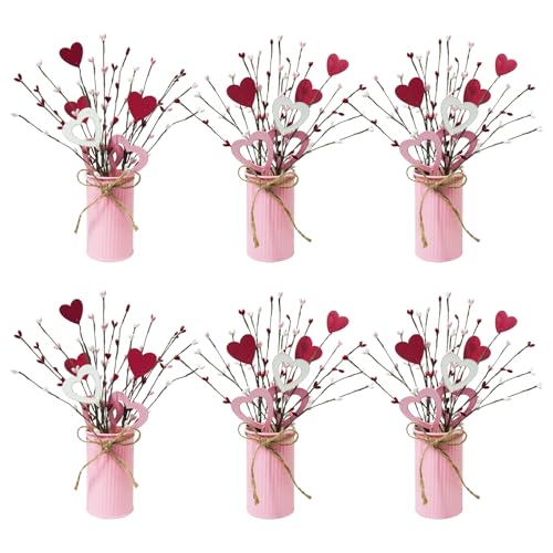 TORONTOKYO Valentines Day Decor, 6 Pack Valentine's Day Artificial Potted Plant Heart Shaped Valentines Day Picks with Berries Metal Pot for Home Office Table Centerpiece Decor - Image 1