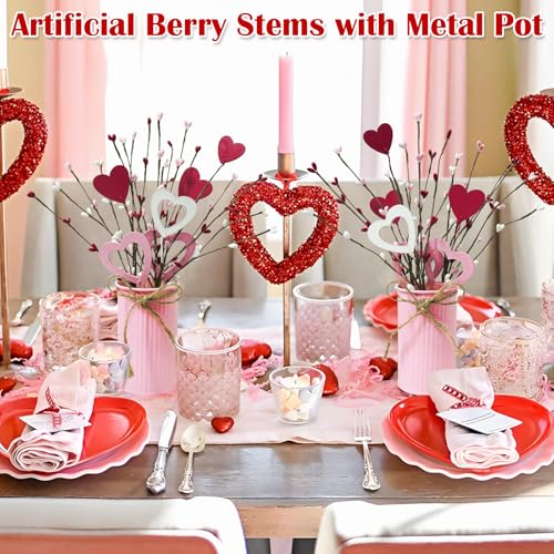 TORONTOKYO Valentines Day Decor, 6 Pack Valentine's Day Artificial Potted Plant Heart Shaped Valentines Day Picks with Berries Metal Pot for Home Office Table Centerpiece Decor - Image 4