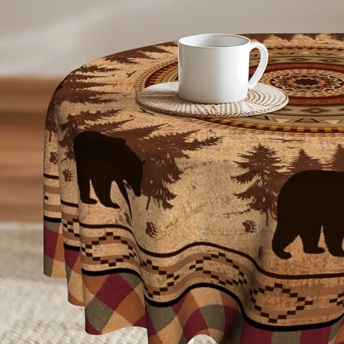 Imiss Black Bear Circle Table Cloth - Forest Woodland Wildlife Resistant Washable Tablecloth 60 Inch Farmhouse Country Style Tablecover for Outdoor Camping Dining - Image 1