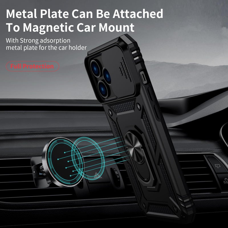 Weycolor for iPhone 13 Pro Case with Camera Lens Cover, HD Screen Protector, 10 FT Military Grade Drop Protection, Magnetic Ring Holder Kickstand Protective Phone Case for iPhone 13 Pro, Black - Image 2