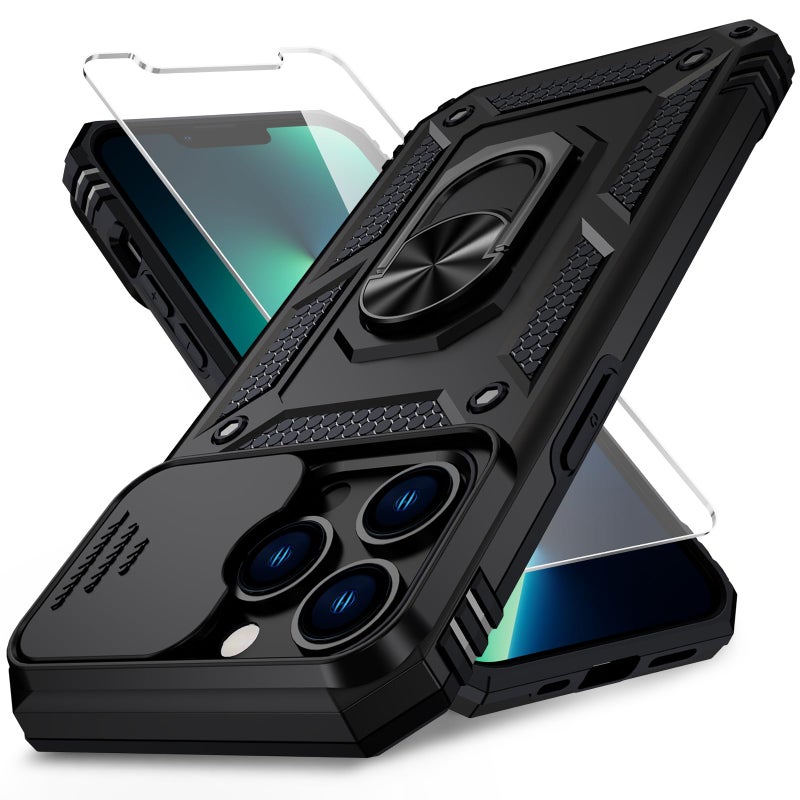 Weycolor for iPhone 13 Pro Case with Camera Lens Cover, HD Screen Protector, 10 FT Military Grade Drop Protection, Magnetic Ring Holder Kickstand Protective Phone Case for iPhone 13 Pro, Black - Image 1