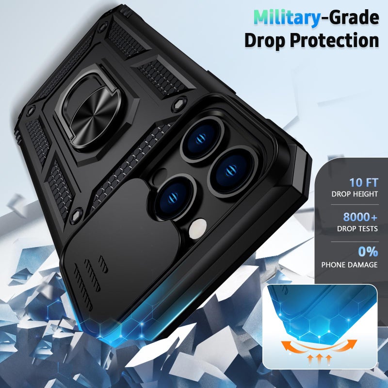 Weycolor for iPhone 13 Pro Case with Camera Lens Cover, HD Screen Protector, 10 FT Military Grade Drop Protection, Magnetic Ring Holder Kickstand Protective Phone Case for iPhone 13 Pro, Black - Image 4