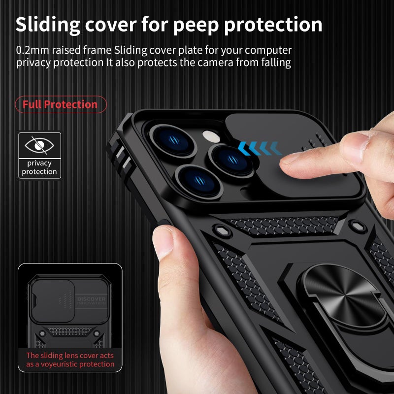 Weycolor for iPhone 13 Pro Case with Camera Lens Cover, HD Screen Protector, 10 FT Military Grade Drop Protection, Magnetic Ring Holder Kickstand Protective Phone Case for iPhone 13 Pro, Black - Image 3
