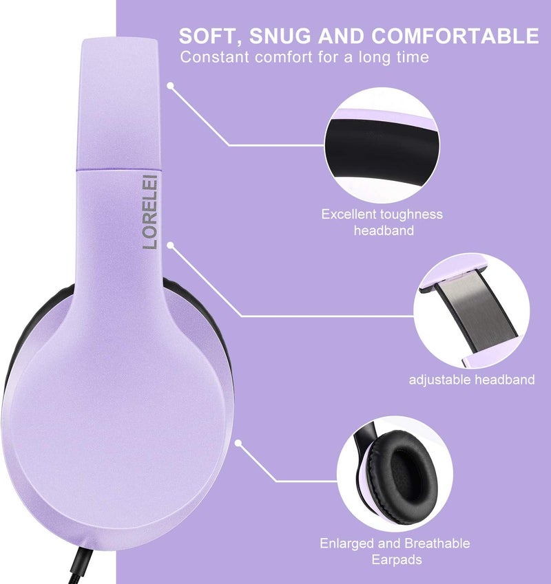LORELEI X6 Over-Ear Headphones with Microphone, Purple-Black Lightweight Foldable & Portable Stereo Bass, Wired for Smartphone & Tablet, MP3 (1.45M No-Tangle) - Image 3