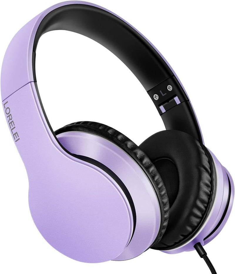 LORELEI X6 Over-Ear Headphones with Microphone, Purple-Black Lightweight Foldable & Portable Stereo Bass, Wired for Smartphone & Tablet, MP3 (1.45M No-Tangle) - Image 1