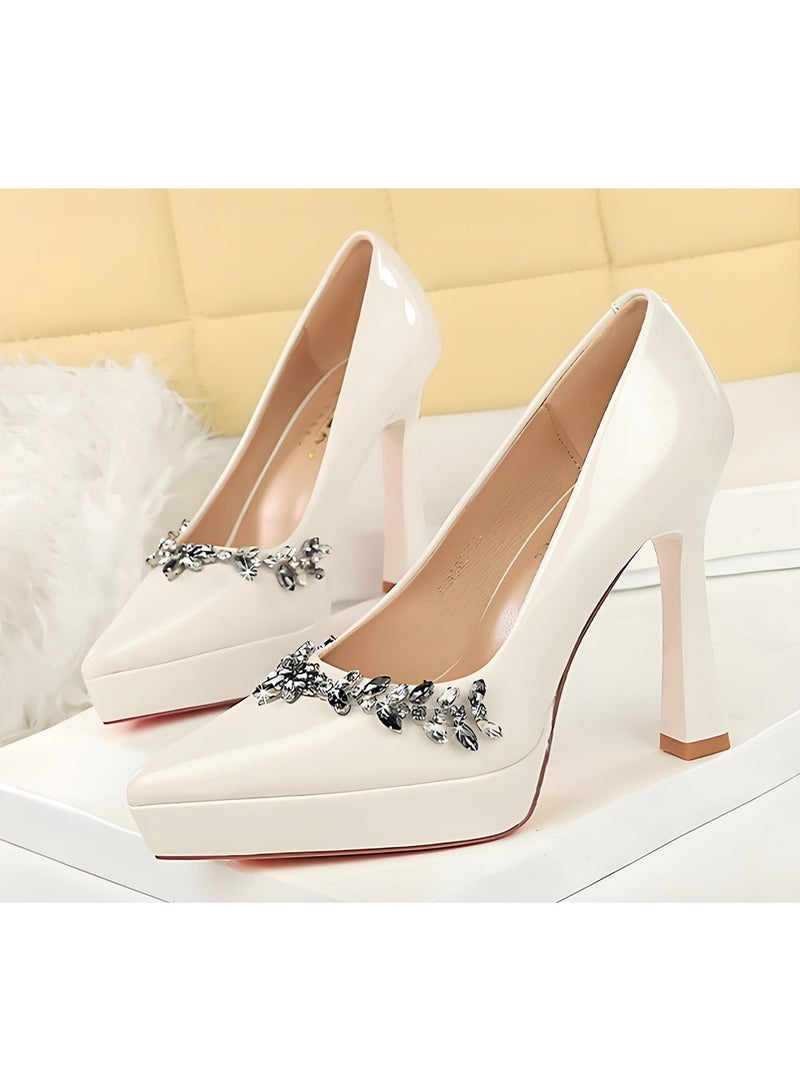 BIGTREE Women's Rhinestone Closed Pointed Toe High Heels Thick Heel Pumps With Platform White 12CM - Image 1