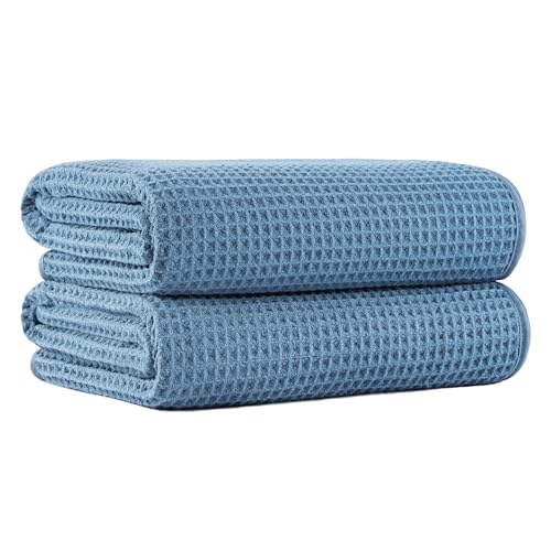 MICROFI New Microfiber Waffle Bath Towels, 2 Pieces, Oversized, Soft, Absorbent, Fast Drying, Lint Free 430 GSM (Blue) - Image 1