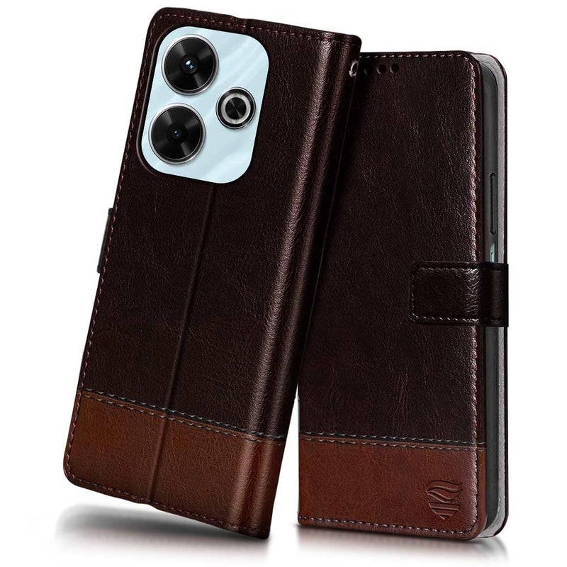 FLIPPED Vegan Leather Flip Case Back Cover for Mi Redmi 13 5G | Poco M6 Plus 5G (Flexible, Shock Proof | Hand Stitched Leather Finish | Card Pockets Wallet & Stand | Coffee with Brown) - Image 1