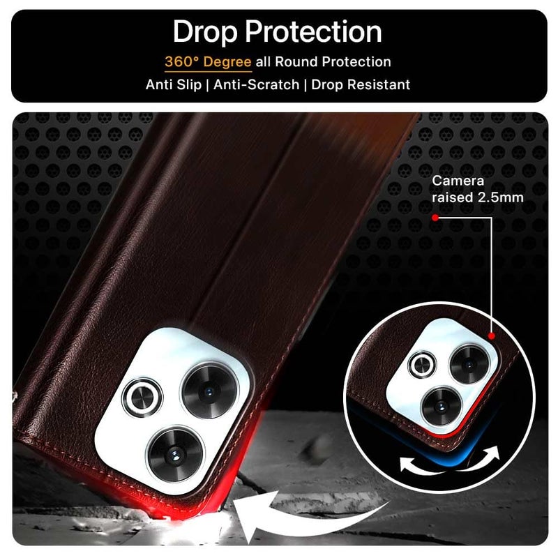 FLIPPED Vegan Leather Flip Case Back Cover for Mi Redmi 13 5G | Poco M6 Plus 5G (Flexible, Shock Proof | Hand Stitched Leather Finish | Card Pockets Wallet & Stand | Coffee with Brown) - Image 5