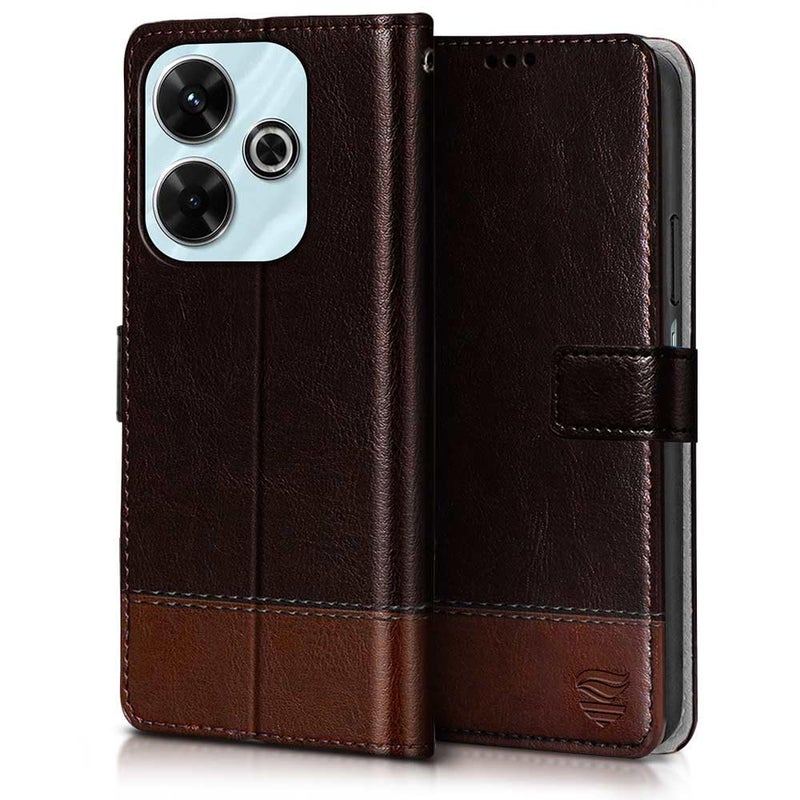 FLIPPED Vegan Leather Flip Case Back Cover for Mi Redmi 13 5G | Poco M6 Plus 5G (Flexible, Shock Proof | Hand Stitched Leather Finish | Card Pockets Wallet & Stand | Coffee with Brown) - Image 3