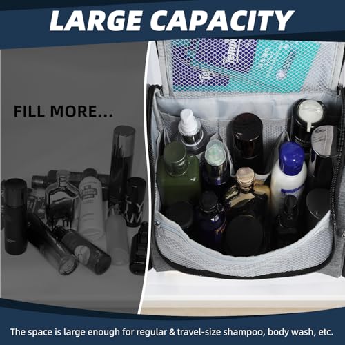 Buruis Large Capacity Toiletry Bag for Women and Men, Hanging Toiletry Organizer Cosmetics Makeup Bag, Water-resistant Dopp Kit Shaving Bags for Full Sized Toiletries, Travel Essentials (Oxford Gray) - Image 5