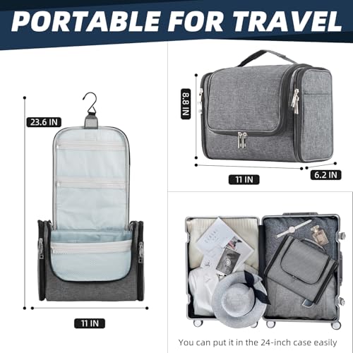 Buruis Large Capacity Toiletry Bag for Women and Men, Hanging Toiletry Organizer Cosmetics Makeup Bag, Water-resistant Dopp Kit Shaving Bags for Full Sized Toiletries, Travel Essentials (Oxford Gray) - Image 4