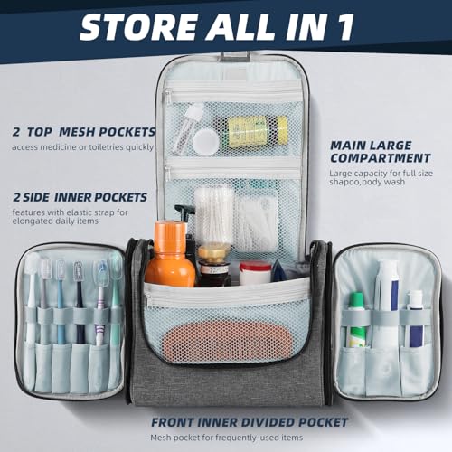 Buruis Large Capacity Toiletry Bag for Women and Men, Hanging Toiletry Organizer Cosmetics Makeup Bag, Water-resistant Dopp Kit Shaving Bags for Full Sized Toiletries, Travel Essentials (Oxford Gray) - Image 2