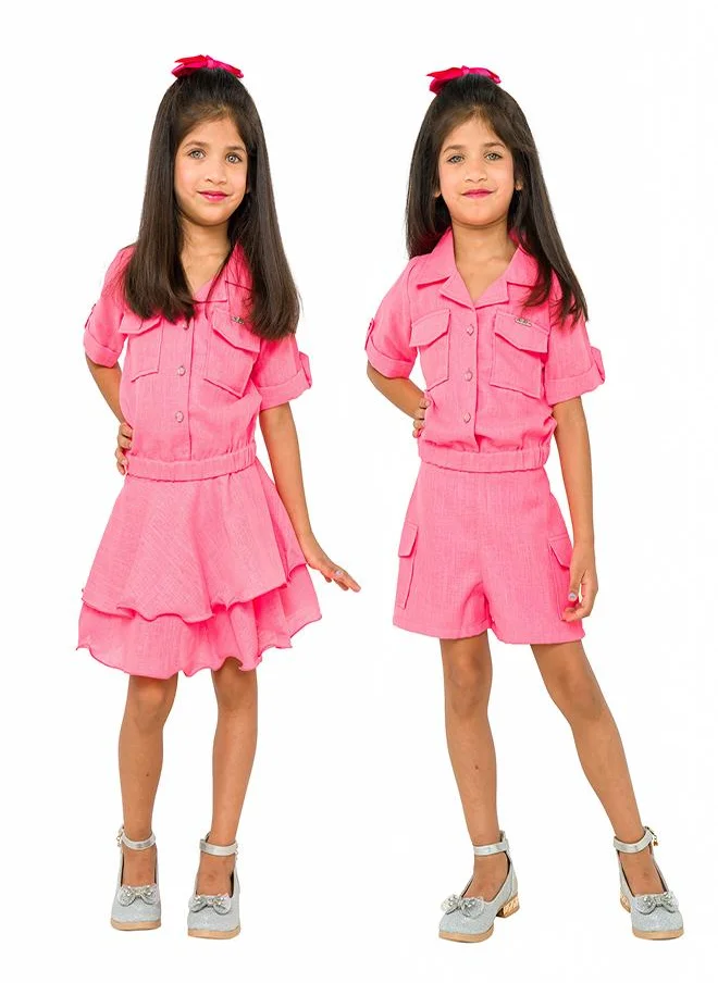 بيبي كلو Adorable pink three-piece set with skirt and shorts