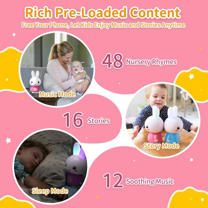 alilo Honey Bunny Kids Music Story Audio Player for Toddlers 1-5, Baby Boy Girl Easter Gifts, Pre-Loaded 16 Stories/48 Nursery Rhymes/12 Soothing Music, with Nightlight, Voice Recording - Image 2