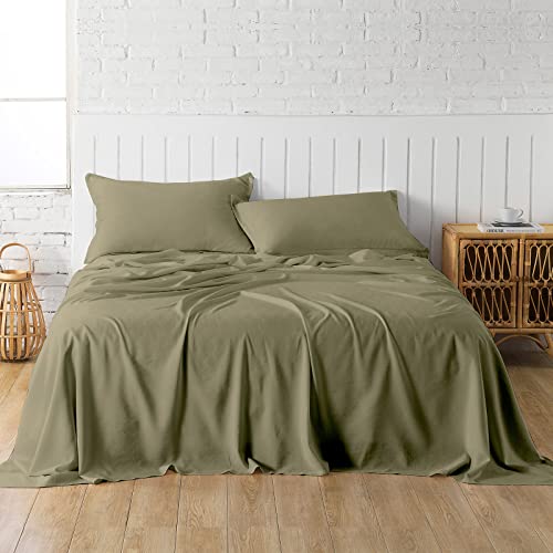 PANDATEX Olive Green Linen-Textured Bed Sheets Set, Bamboo Rayon , Cotton , Linen Blend Bed Sheets Full Size, Soft Cool & Breathable for Hot Sleepers,Durable Natural Organic Bed 15'' Deep Pocket - 4 Piece - Image 2