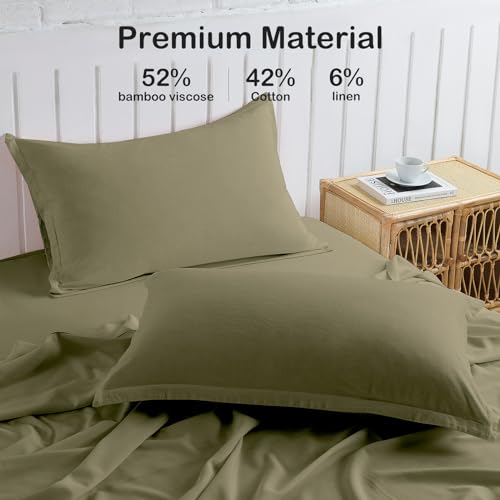 PANDATEX Olive Green Linen-Textured Bed Sheets Set, Bamboo Rayon , Cotton , Linen Blend Bed Sheets Full Size, Soft Cool & Breathable for Hot Sleepers,Durable Natural Organic Bed 15'' Deep Pocket - 4 Piece - Image 3