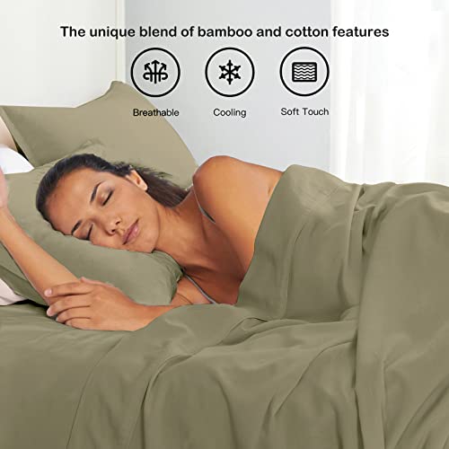 PANDATEX Olive Green Linen-Textured Bed Sheets Set, Bamboo Rayon , Cotton , Linen Blend Bed Sheets Full Size, Soft Cool & Breathable for Hot Sleepers,Durable Natural Organic Bed 15'' Deep Pocket - 4 Piece - Image 4