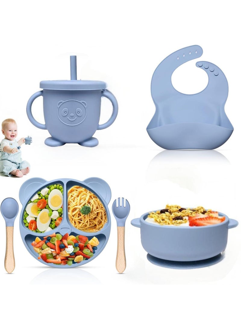 آي ميس يو مجموعة تغذية الطفل من السيليكون، مجموعة أدوات فطام الطفل LED مكونة من 7 قطع تتضمن وعاء شفط وطبقًا وملعقة وشوكة للأطفال وكوبًا مع قشة وغطاء ومستلزمات تغذية الطفل - Image 1