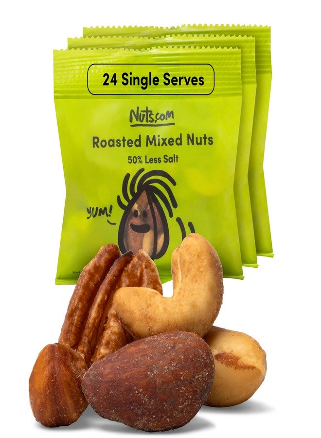 Nuts.com Roasted Mixed Nuts (50% Less Salt) – 24 Single Serve Snack Packs – Almonds, Cashews, Pecans, Brazil Nuts, Hazelnuts – Gluten-Free, Kosher, No Peanuts – Healthy Low Sodium Protein Snack - Image 1