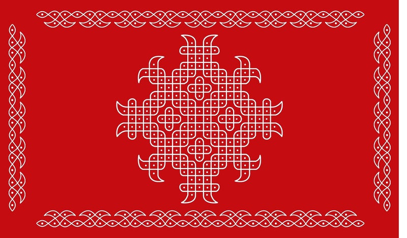 Backdropon Red Background with White Colour dot Kollam Rangoli Design Backdrop for Pooja Decoration Traditional/Background Curtain Cloth for Festival Size 3 Feet Height and 5 Feet Width(3 * 5) - Image 3